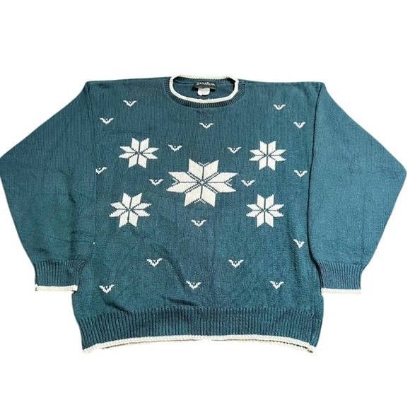 Vintage Savile Row Green Snowflake Knit Sweater Grandpa Indie Style - Picture 1 of 3